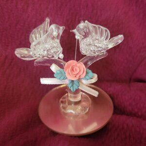 Glass Lovebirds With Pink Rose & Ribbon On Glass Base